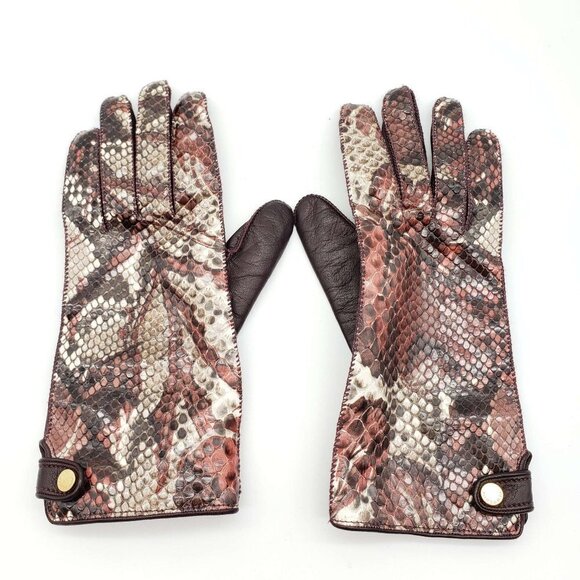 100% Authentic BURBERRY Snakeskin Brown Lamnskin Leather Gloves - Picture 1 of 11